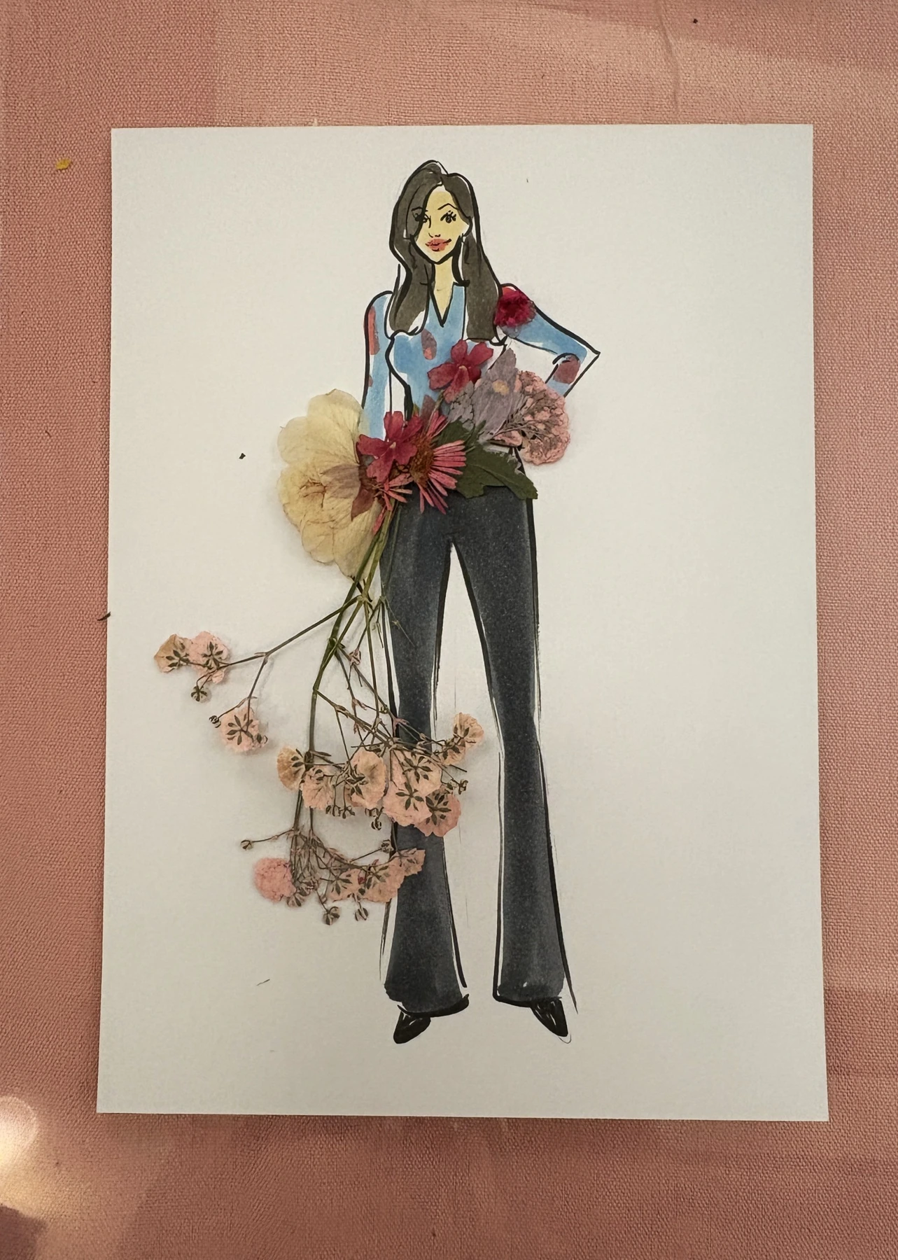 Original blue-blouse fashion portrait with pressed flowers and stems