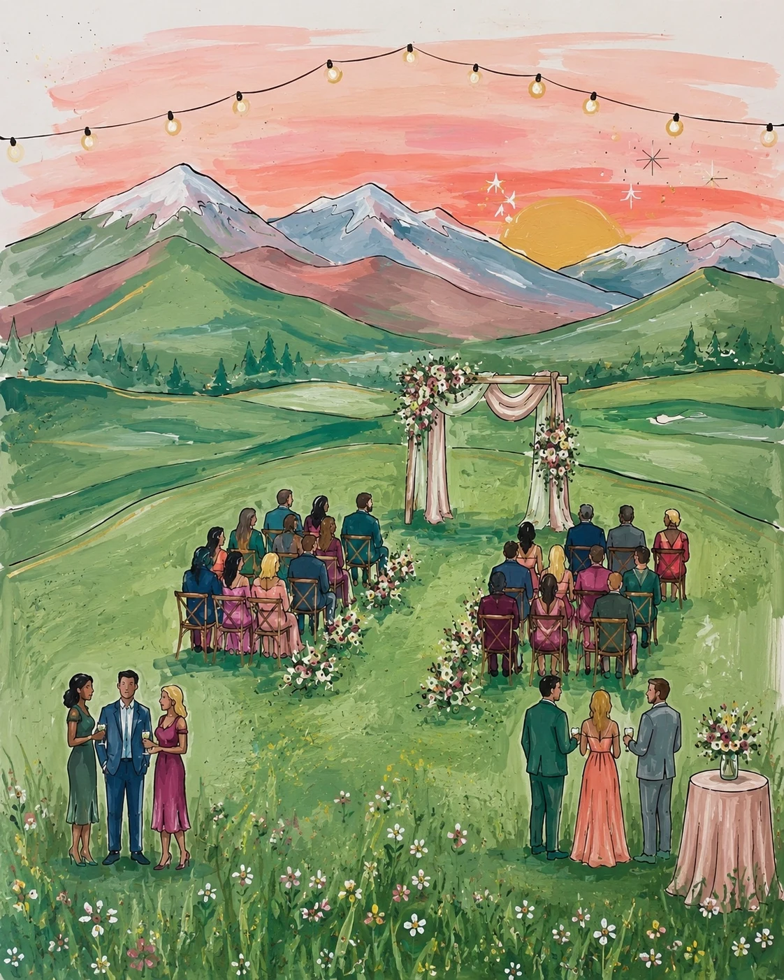 Painting of a mountain garden wedding beneath a pink sky and string lights