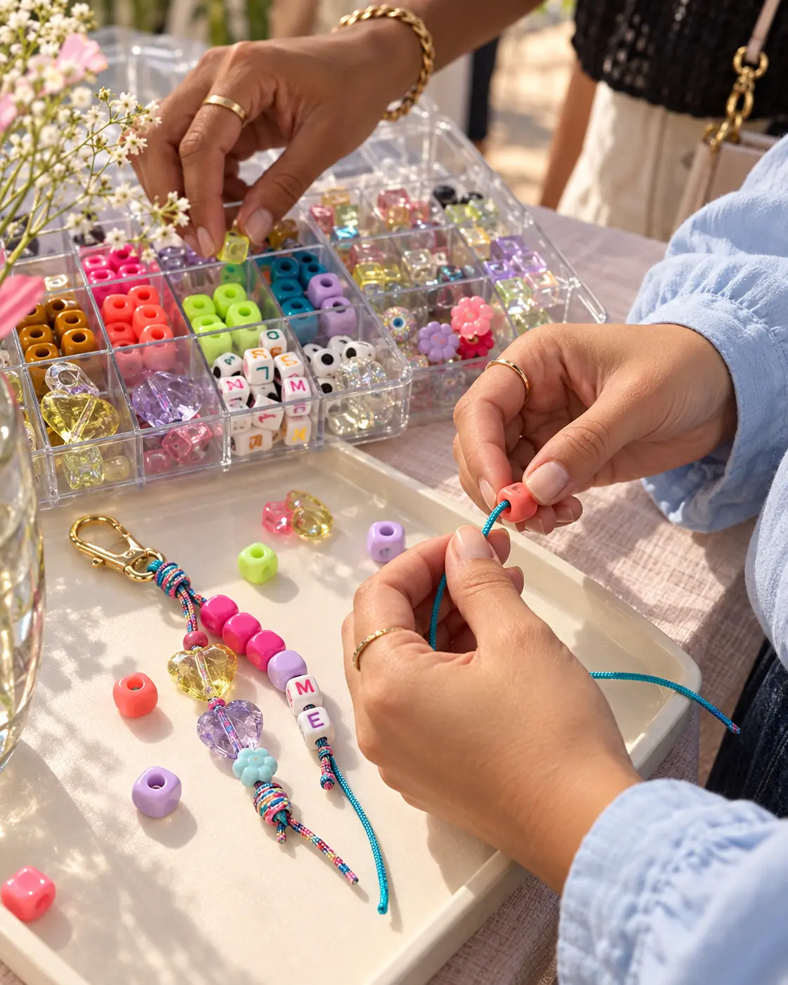 hands selecting colorful beads for a corded bag charm