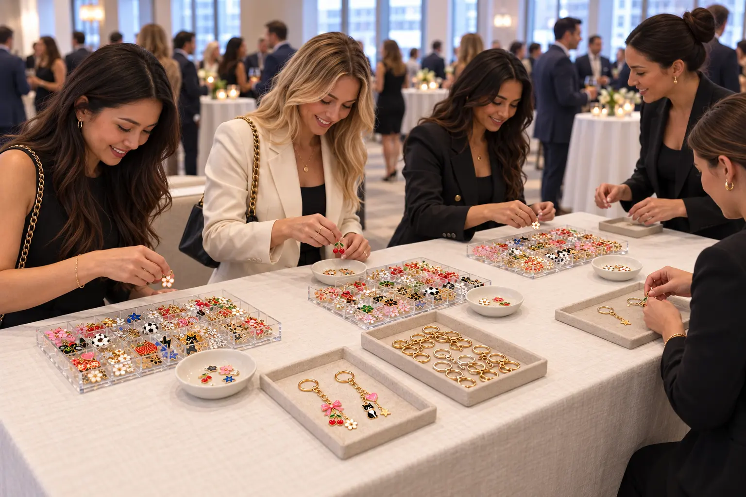 Guests choosing colorful enamel and metal charms at a keychain bar