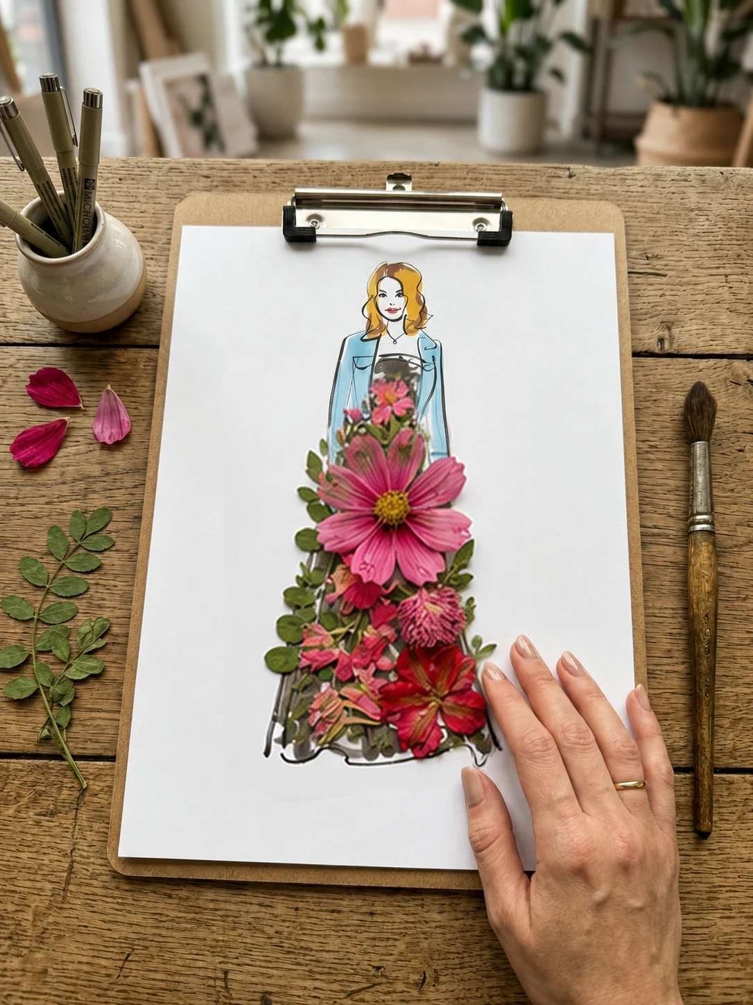 Fashion sketch with a dimensional pink and red flower dress