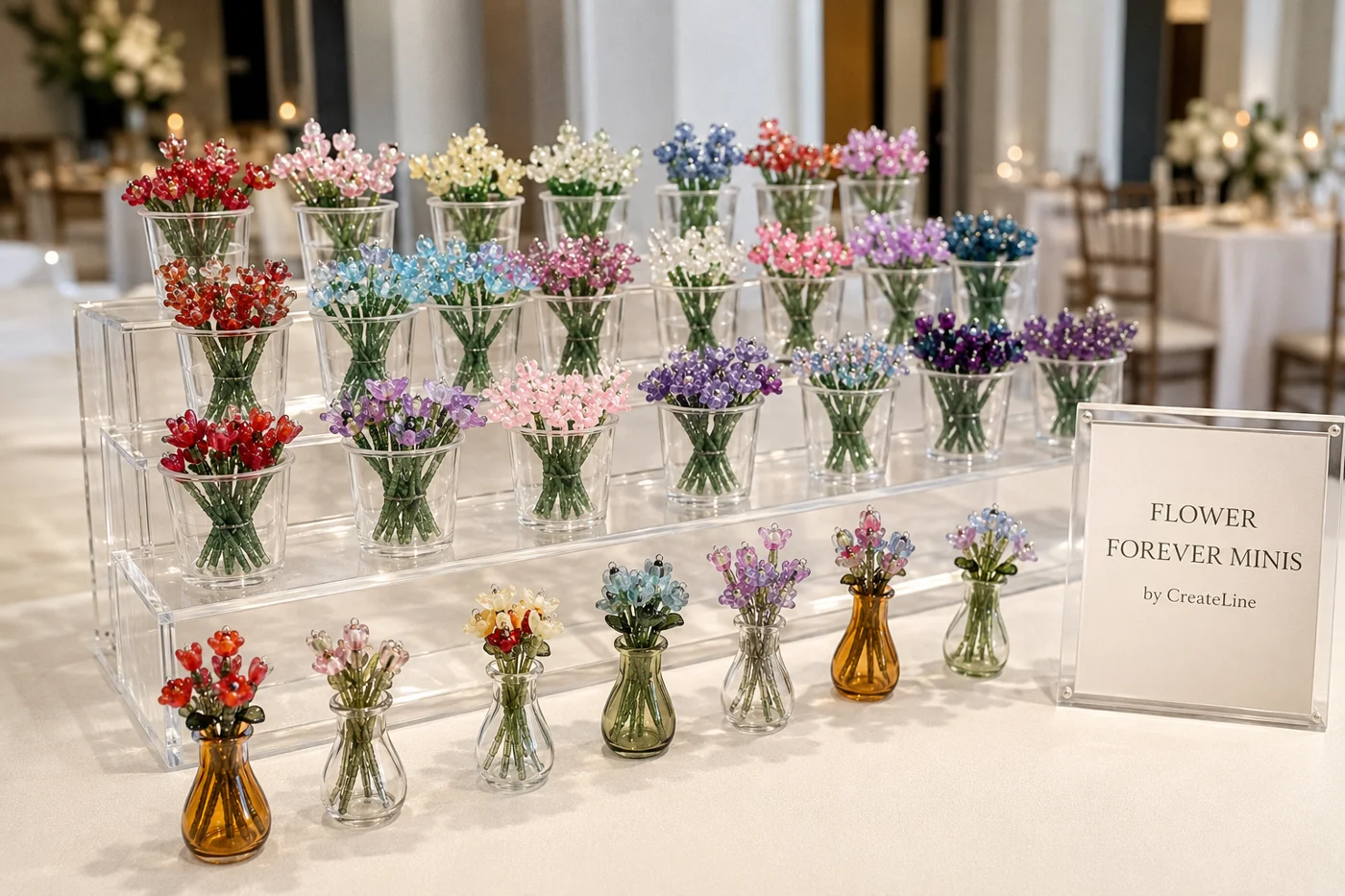 Beaded flower selection arranged in clear cups on tiered risers at an event