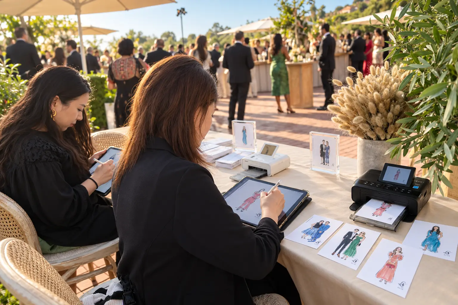 Artists sketching guests live on tablets at an outdoor event
