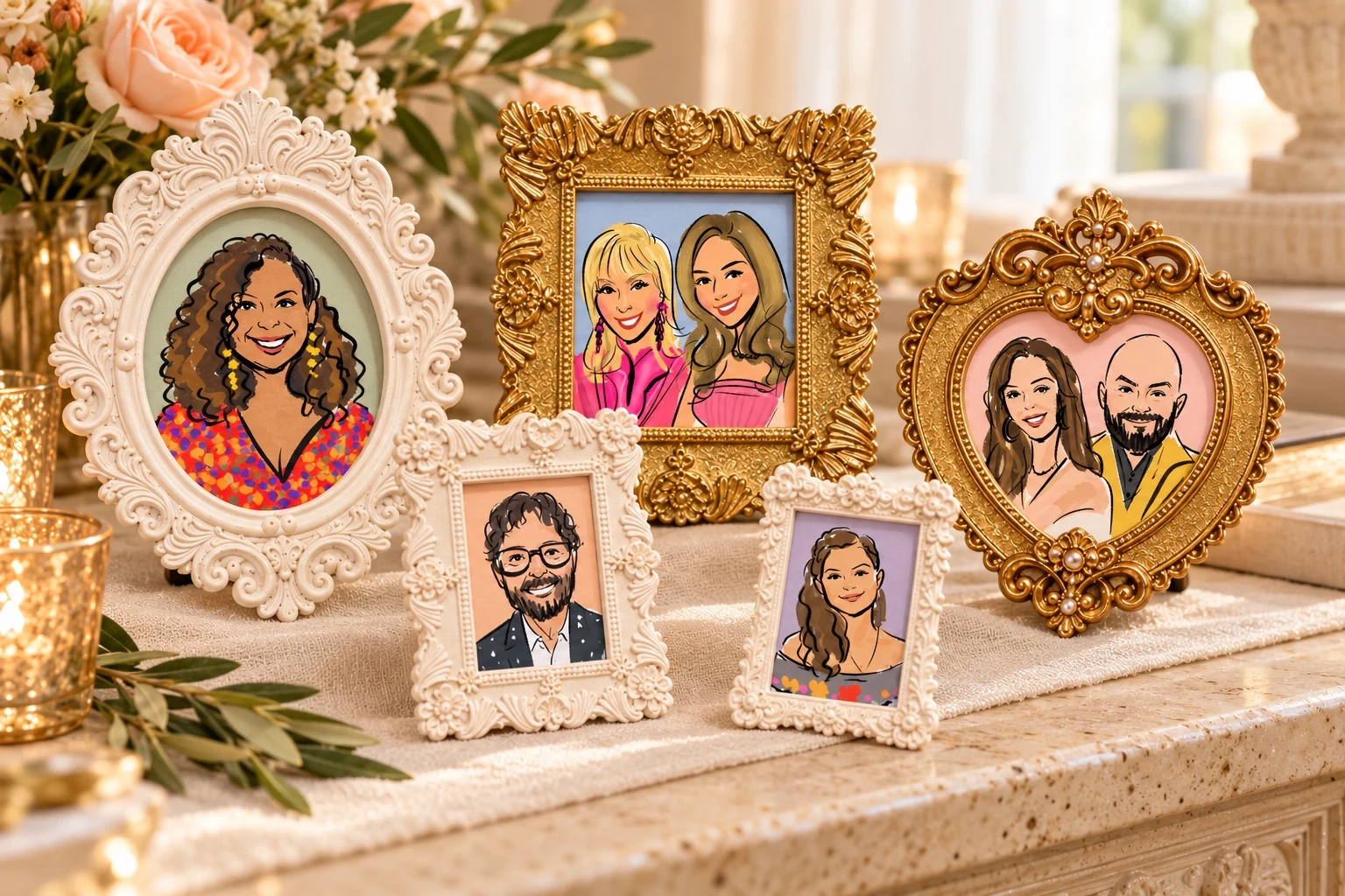Guest sketches displayed in ornate gold and ivory miniature frames