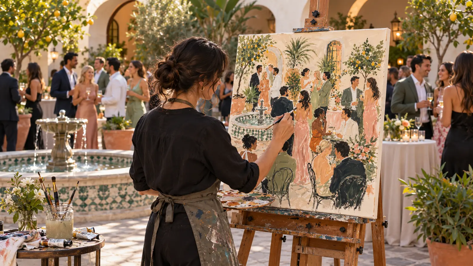 Artist at an easel painting an expressive event scene while guests gather in a courtyard