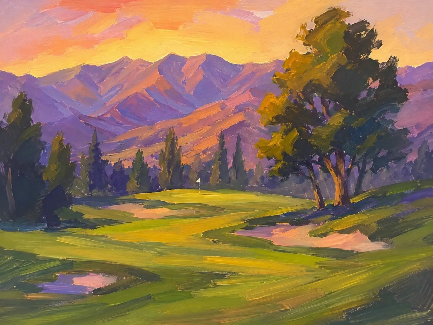 Original CreateLine painting of a golf course at sunset, with expressive green fairways, purple mountains and a peach-colored sky