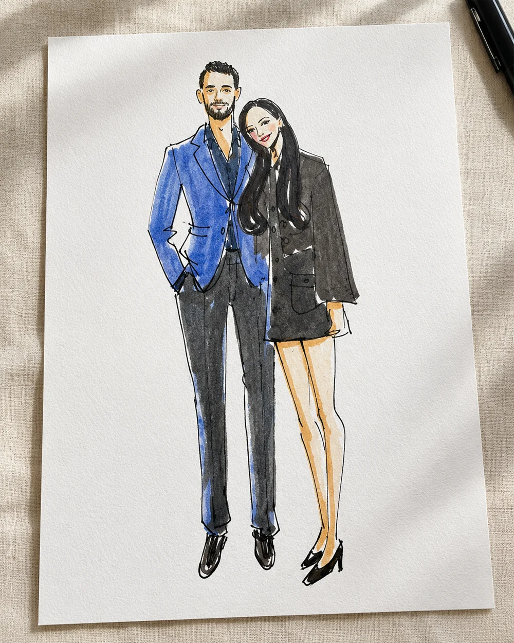 Original-style ink and watercolor fashion illustration of a couple