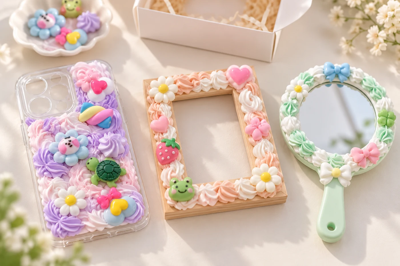 Décoden mirrors, frames and phone cases decorated with colorful cabochons