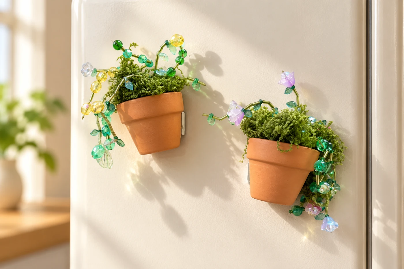 Tiny moss and beaded plant magnets