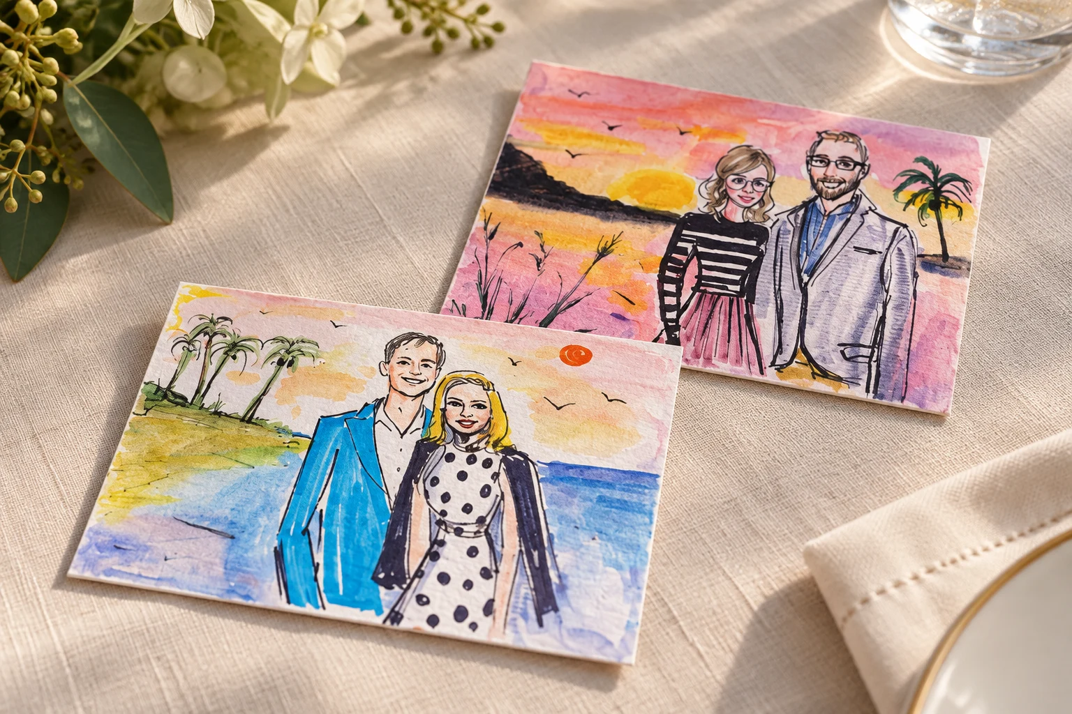 Watercolor portrait postcards of couples with sunset and tropical backgrounds